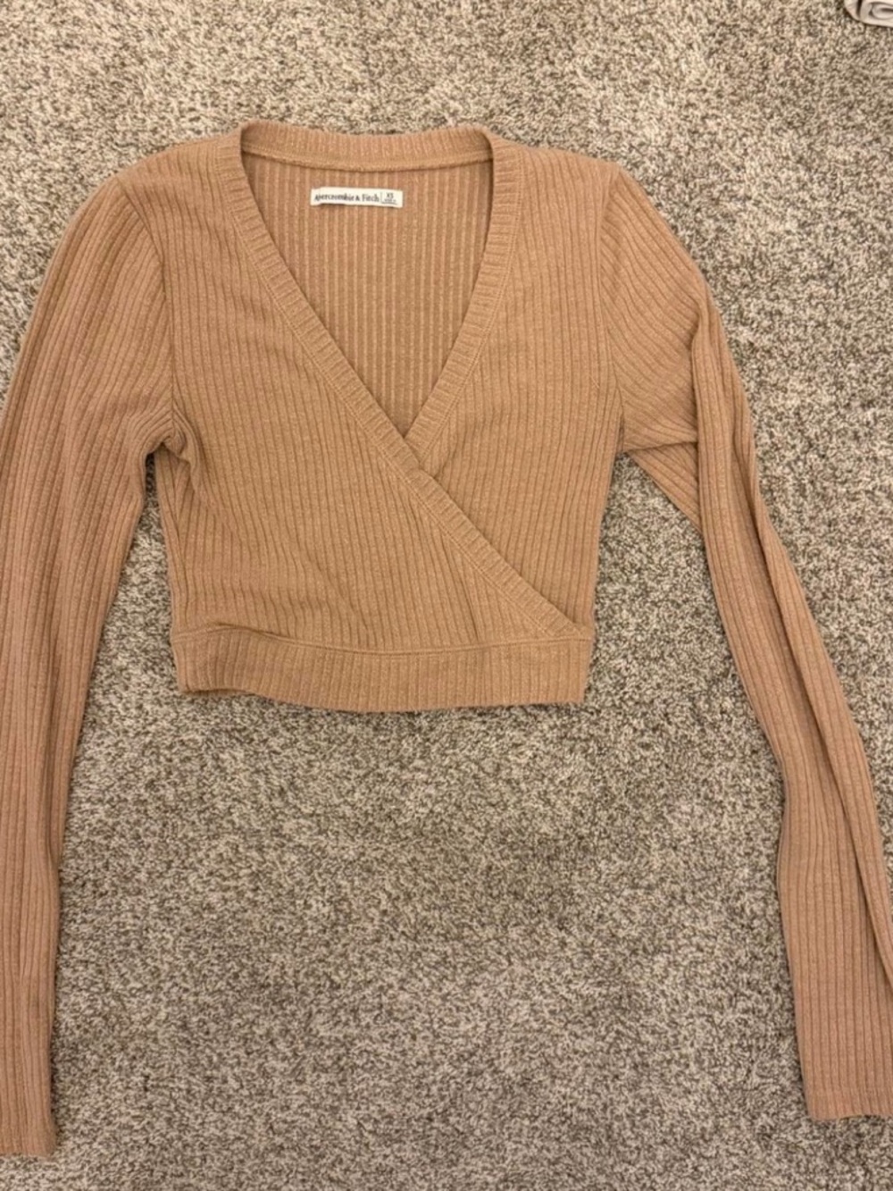 Abercrombie Ribbed Wrap Crop Sweater - Camel